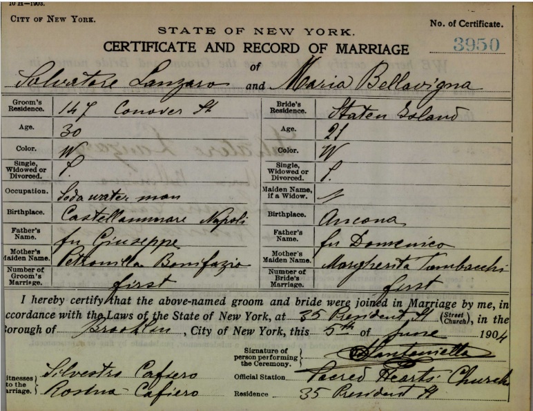 Salvatore Lanzaro and Maria Bellavigna Marriage Certificate