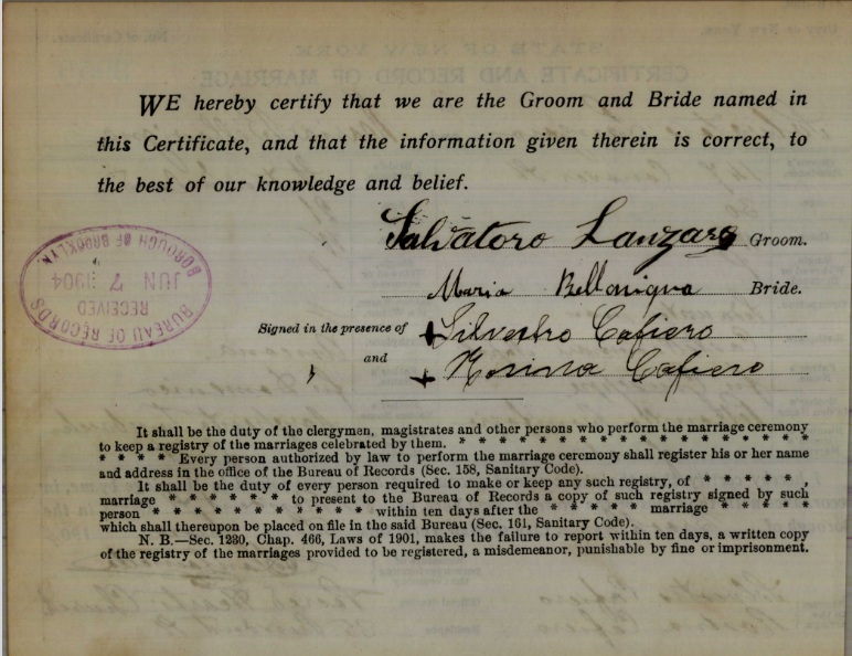 Salvatore Lanzaro and Maria Bellavigna Marriage Certificate