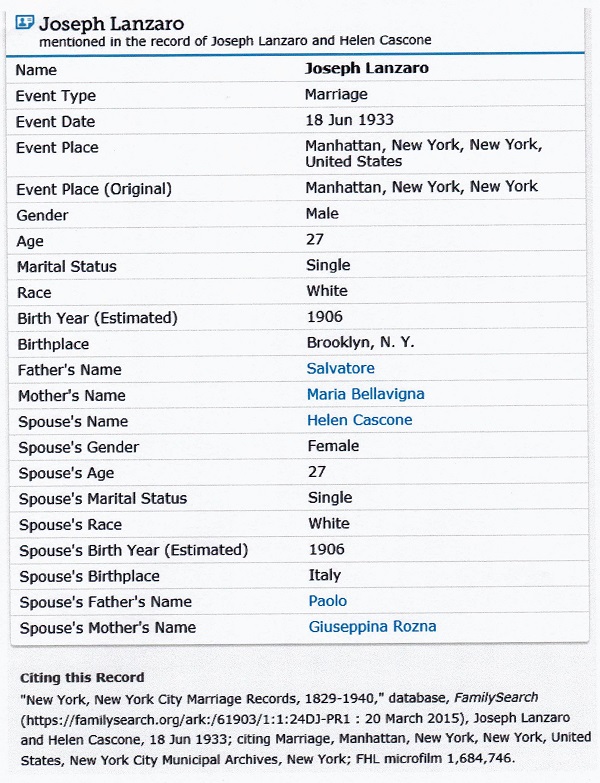 Joseph S. Lanzaro and Helen Cascone Marriage Record