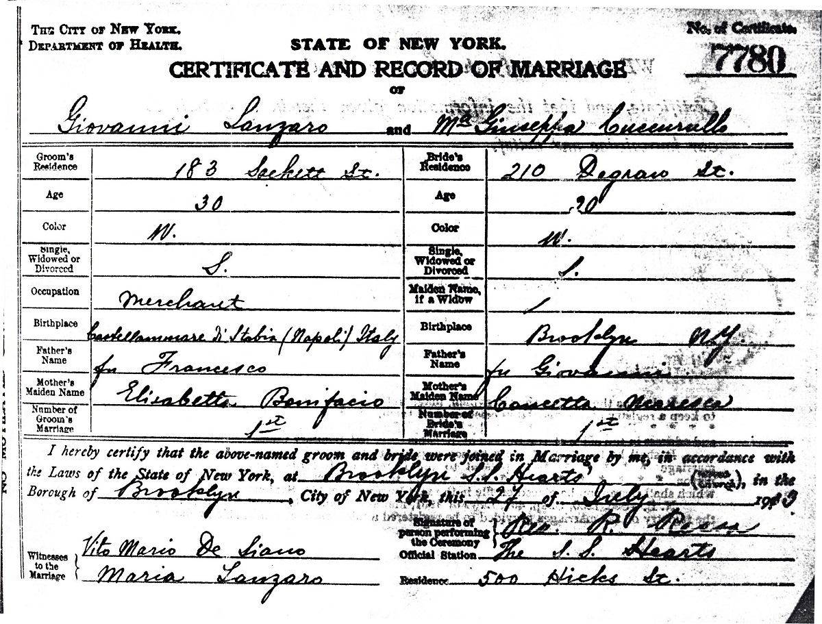 John Lanzaro and Josephine Cuccurullo Marriage Certificate