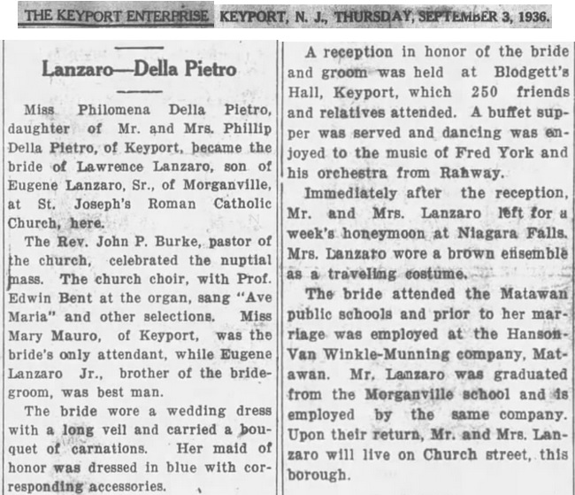 Lawrence V. Lanzaro and Philomena A Dellapietro Wedding