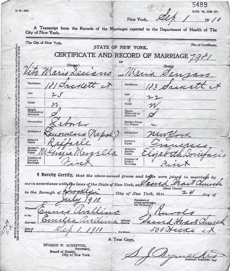 Vito Mario Desiano and Maria Lanzaro Marriage Certificate