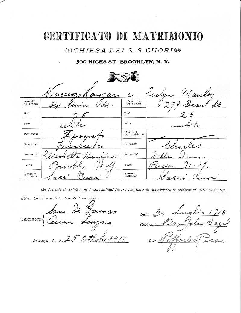 Vincent Lanzaro and Evelyn Manley Marriage Record