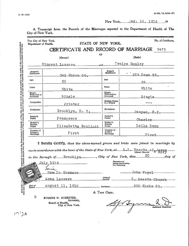 Vincent Lanzaro and Evelyn Manley Marriage Record