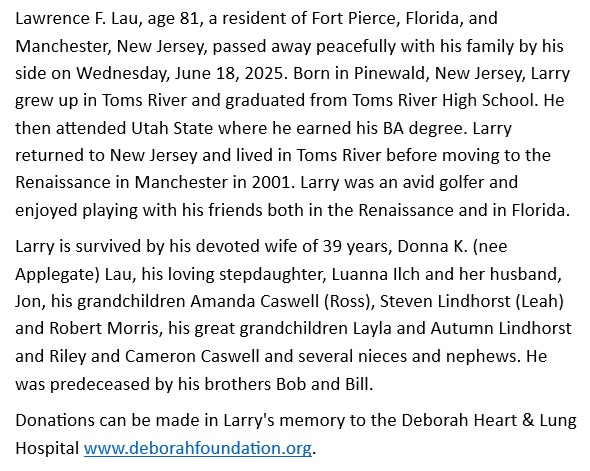 >Lawrence Frederick Lau Obituary