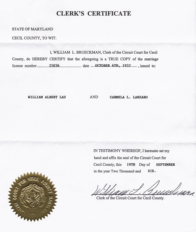 William A. Lau and Carmela L. Lanzaro Marriage
