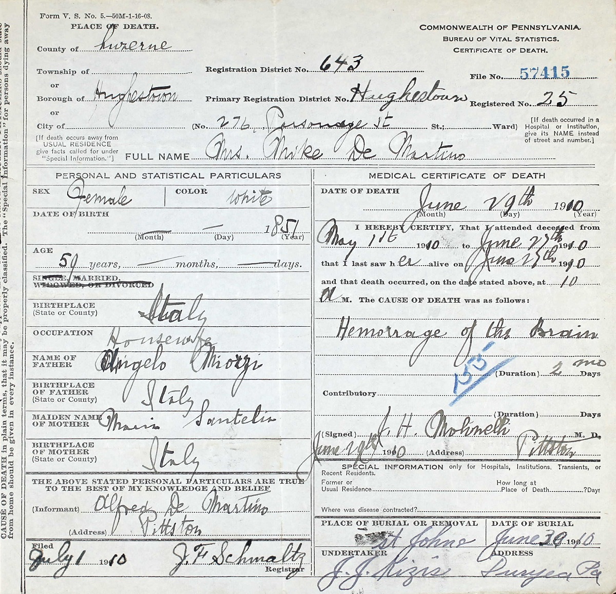 Laura Miozzi DeMartino Death Certificate