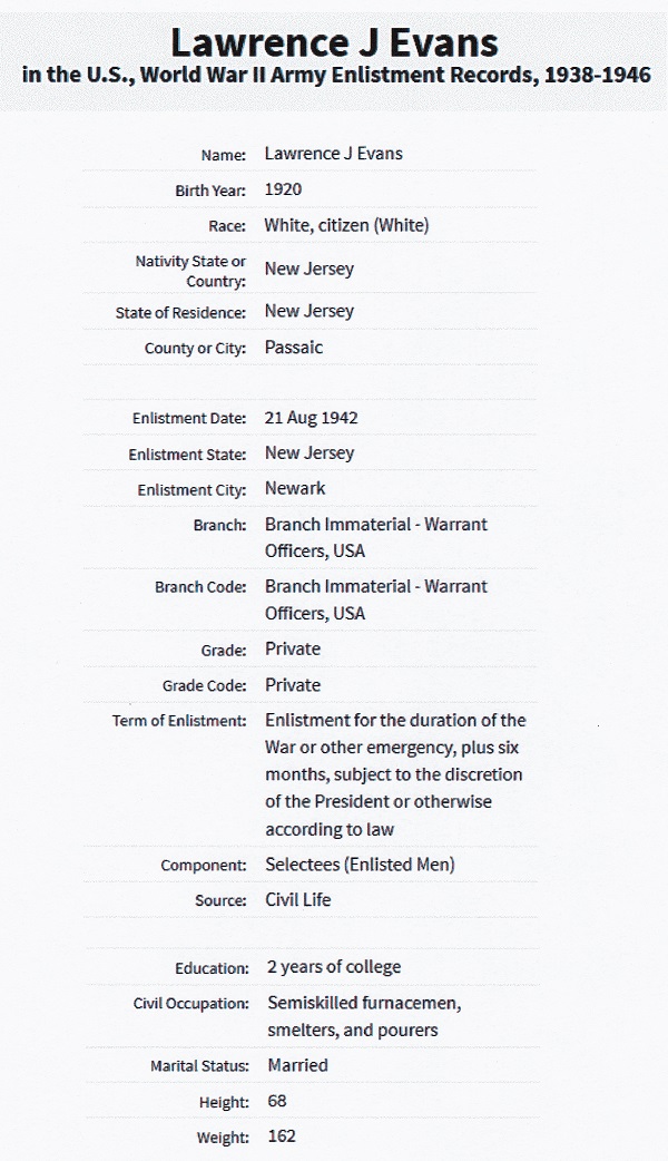 Lawrence J. Evans Military Record