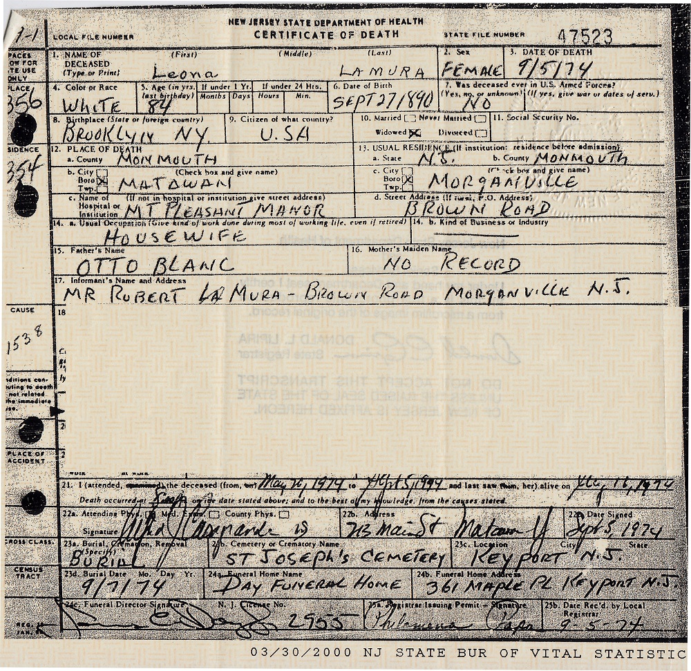 Leona Blanck LaMura Death Certificate