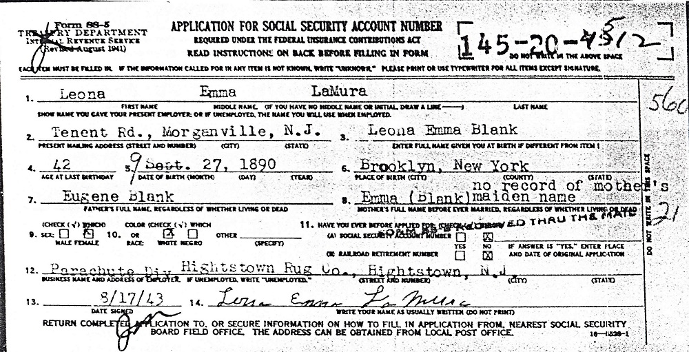 Leona Blanck LaMura Application for U.S. Social Security Card