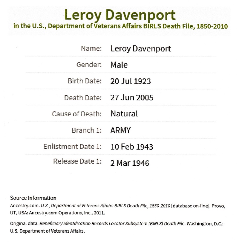 Leroy Davenport Military Record