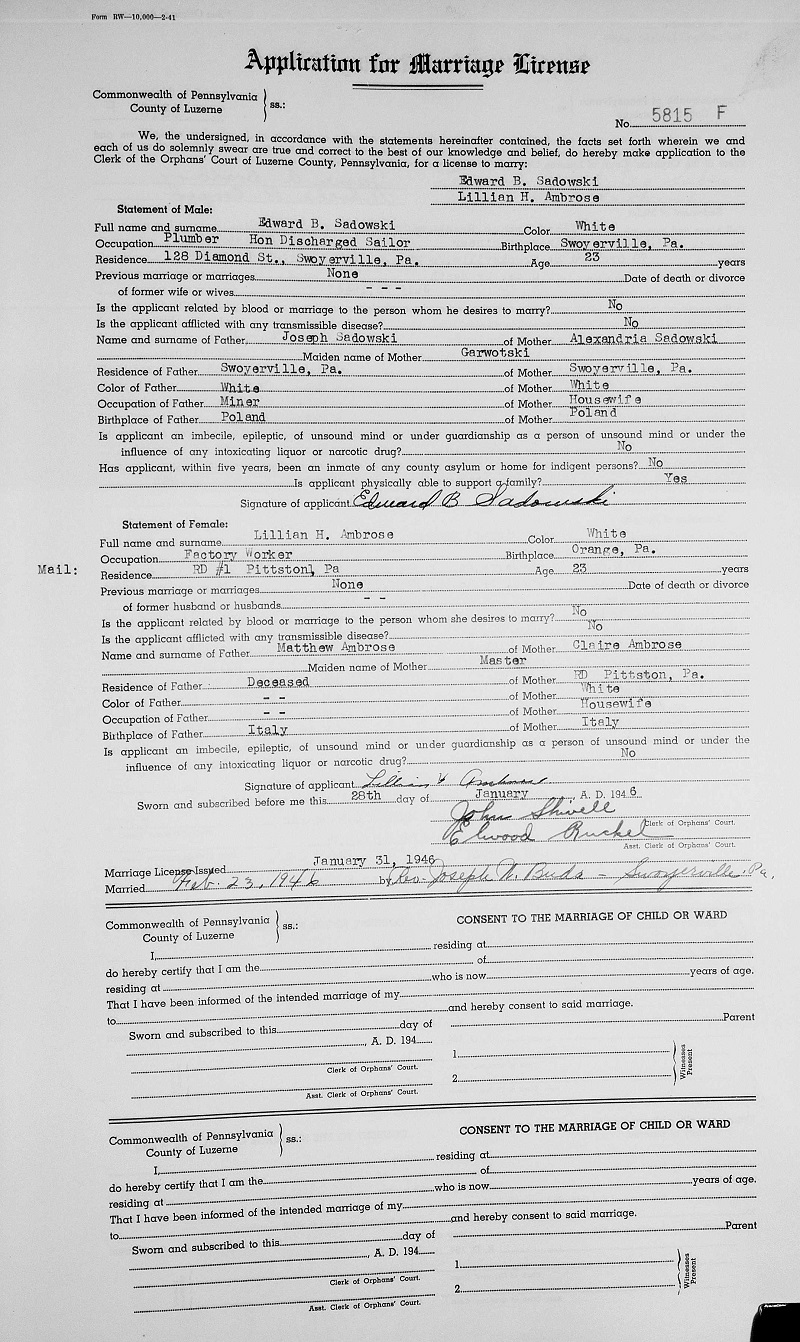 Lillian Ambrose and Edward Sadowski Marriage Record