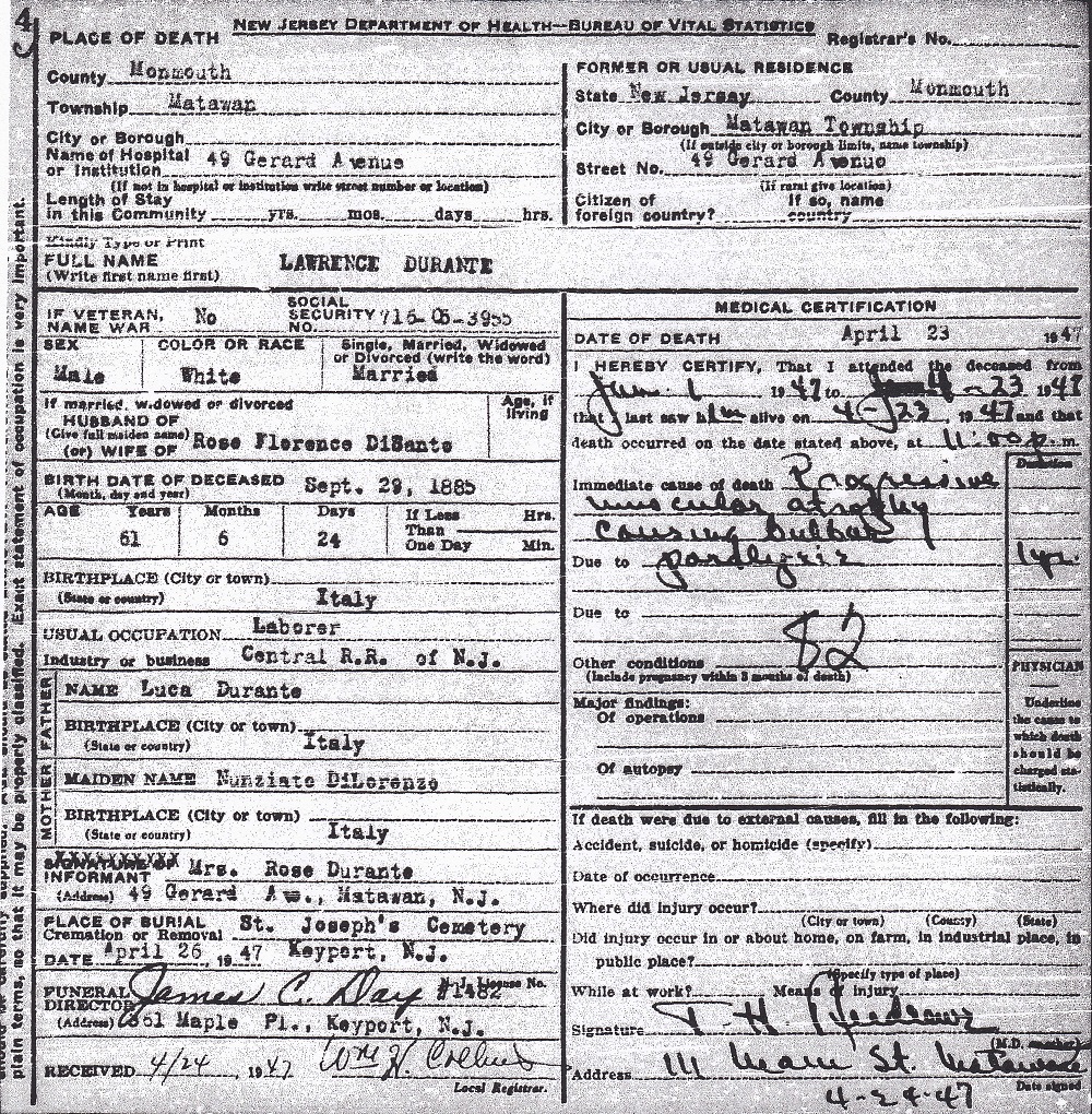 Lorenzo (Lawrence) Durante Death Certificate