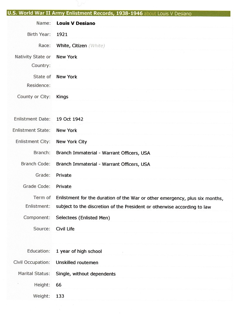 Louis Desiano Military Record