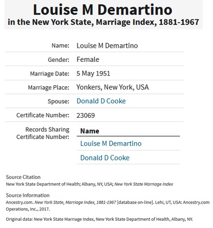 Louise DeMartino and Donald Cooke Marriage Record