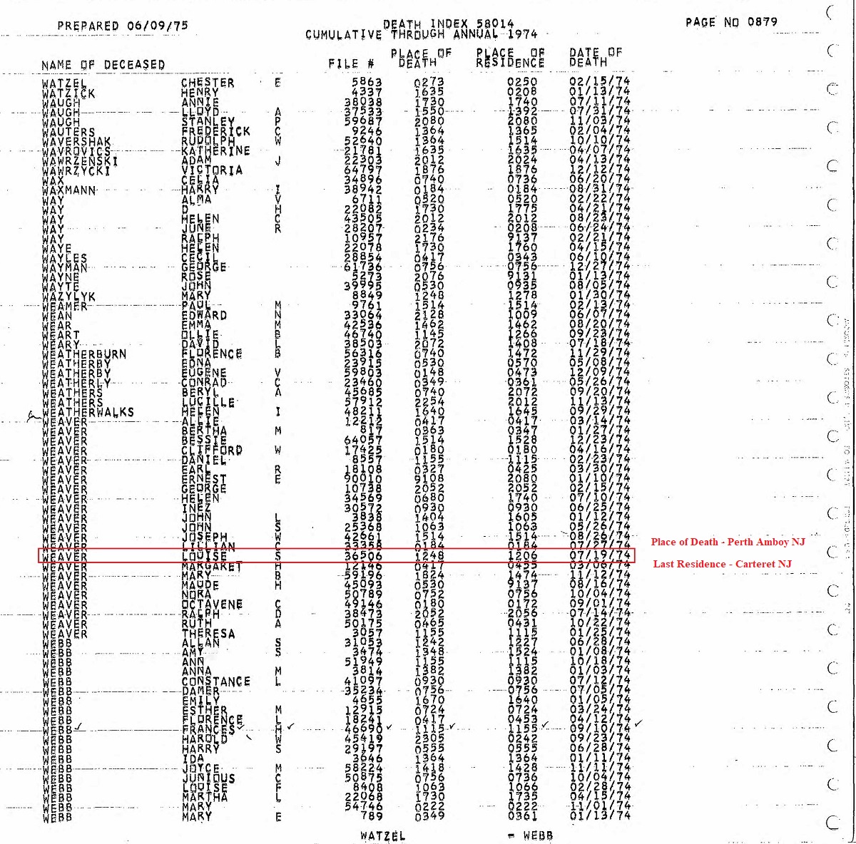Louise Winans Weaver Death Index