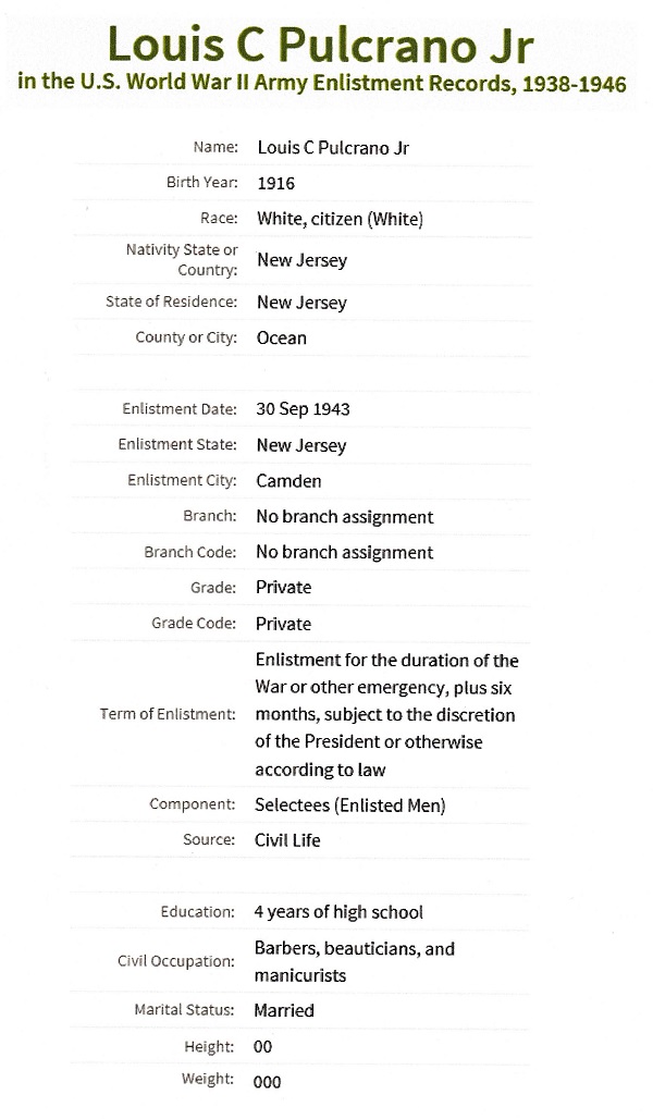 Louis C. Pulcrano Military Record