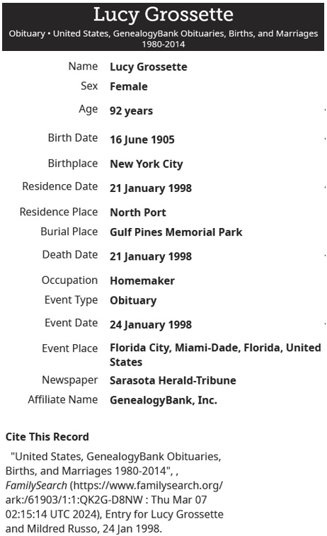 Lucy Virgilio Scalone Grosetto Death Index