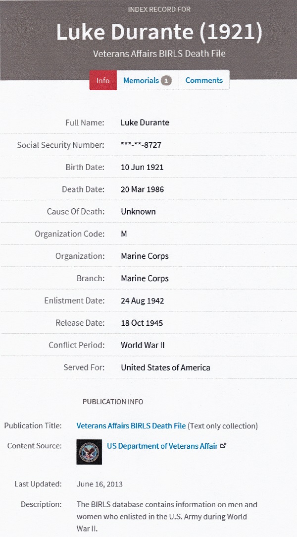 Luke A. Durante Military Record
