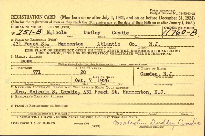 Malcolm Condie WW2 Draft Registration