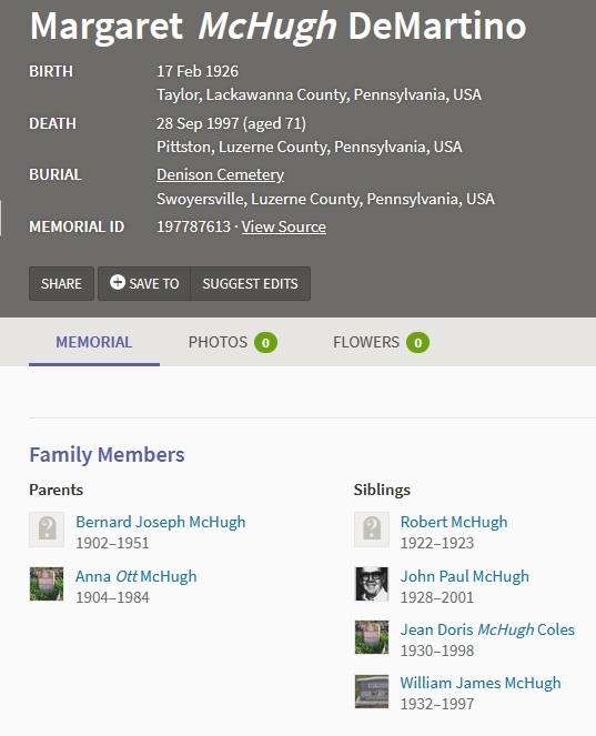 Margaret McHugh DeMartino Cemetery Record