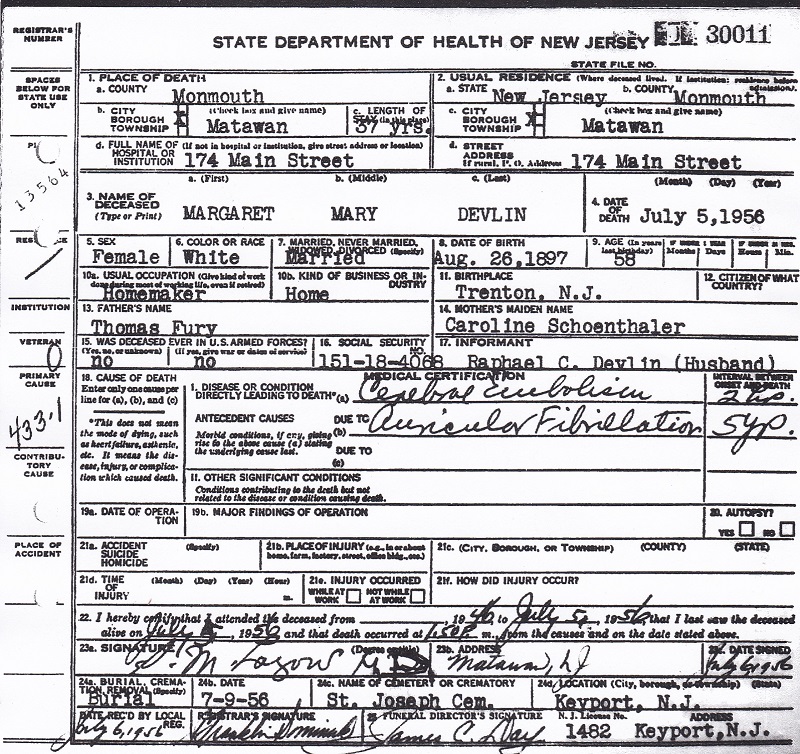 Margaret (Fury) Devlin Death Certificate