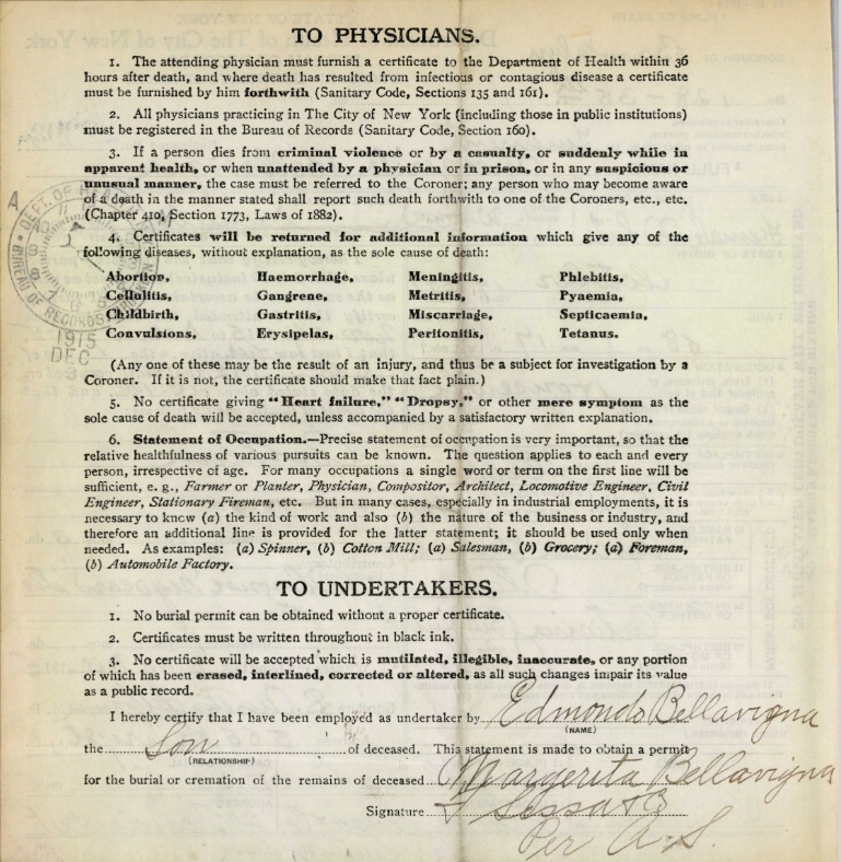 Margherita Bellavigna Death Certificate