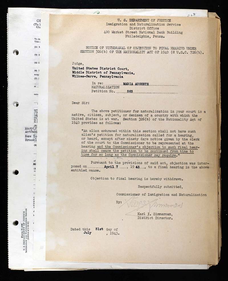 Naturalization Record for Maria Mastrangelo Augenti