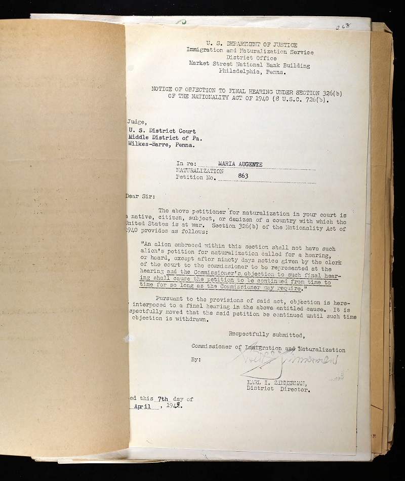 Naturalization Record for Maria Mastrangelo Augenti
