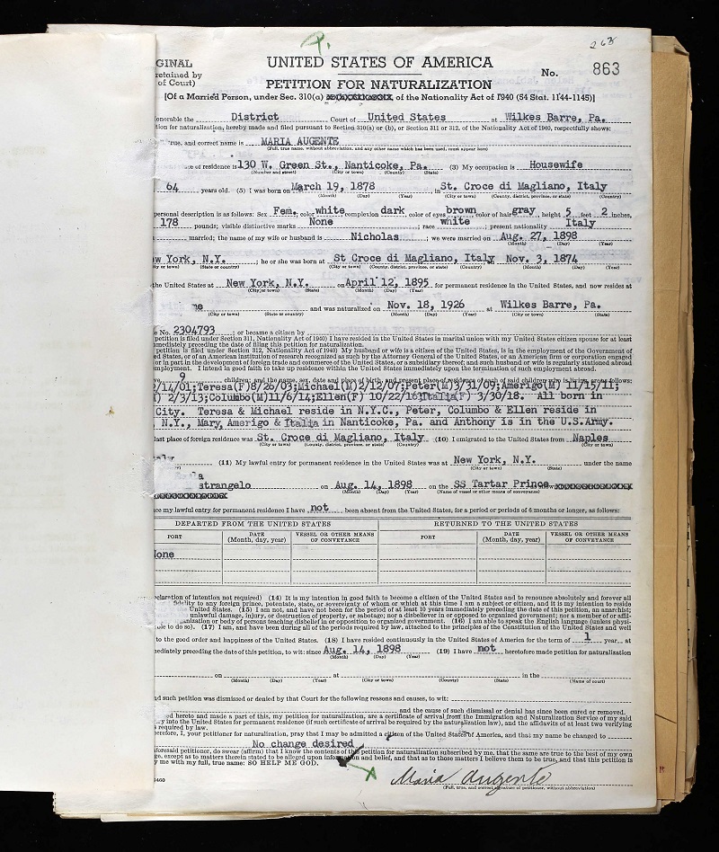 Naturalization Record for Maria Mastrangelo Augenti