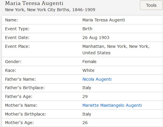 Maria Theresa Augenti Birth Index
