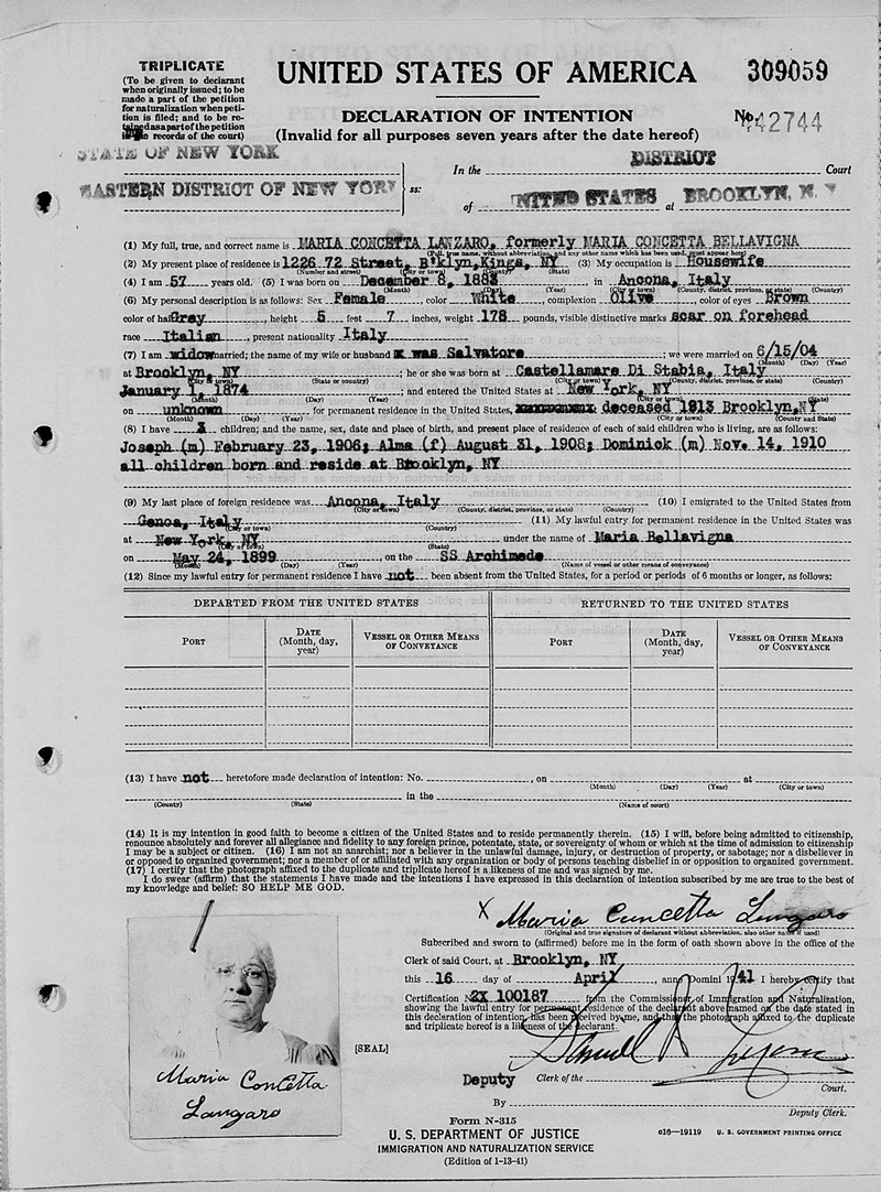 Maria Bellavigna Lanzaro Naturalization Record