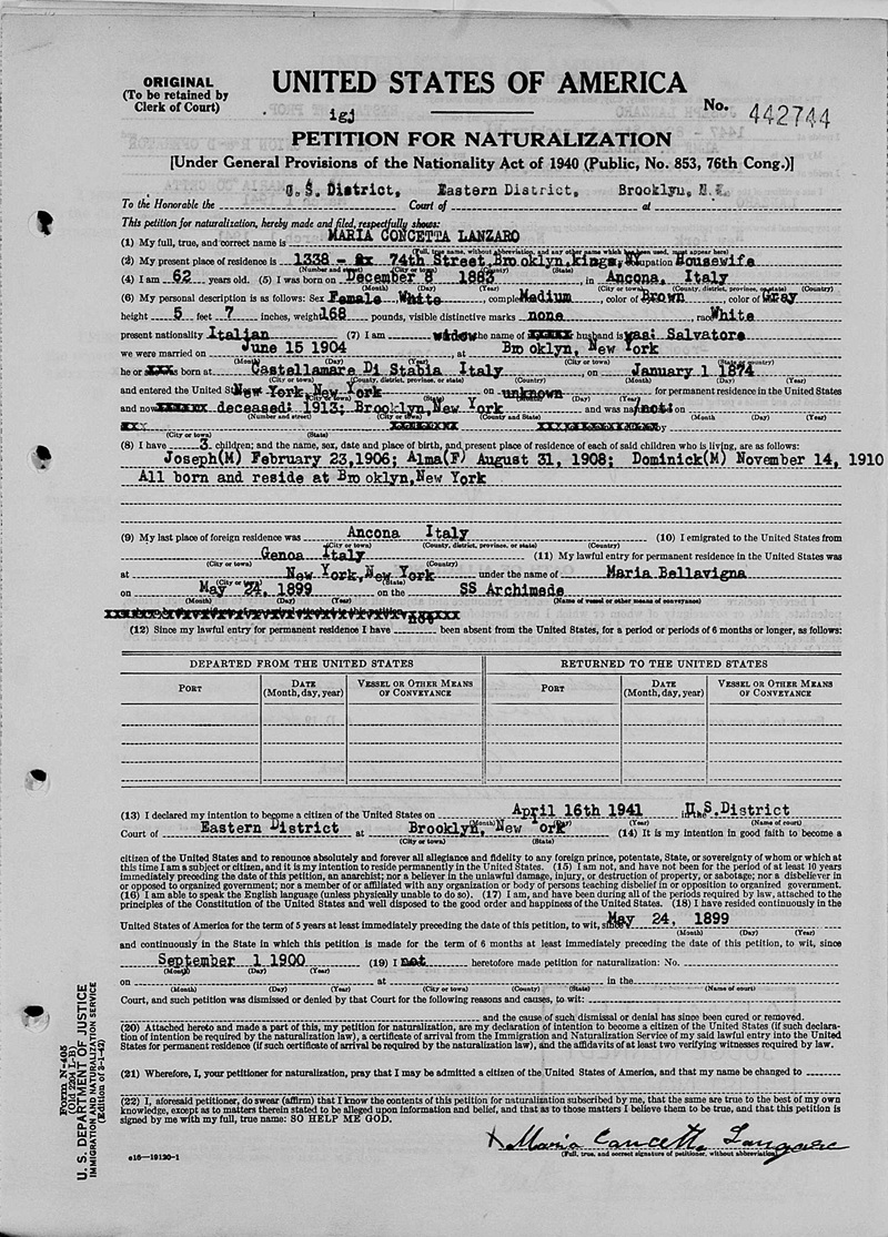 Maria Bellavigna Lanzaro Naturalization Record