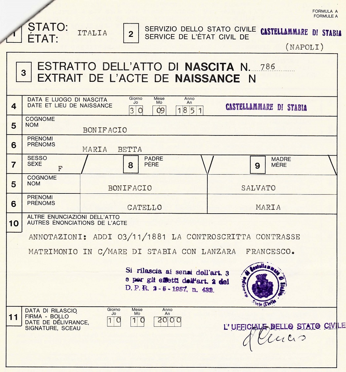 Elisabetta Bonifacio Birth Extract