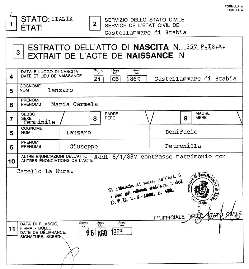 Maria Carmela Lanzaro Birth Extract