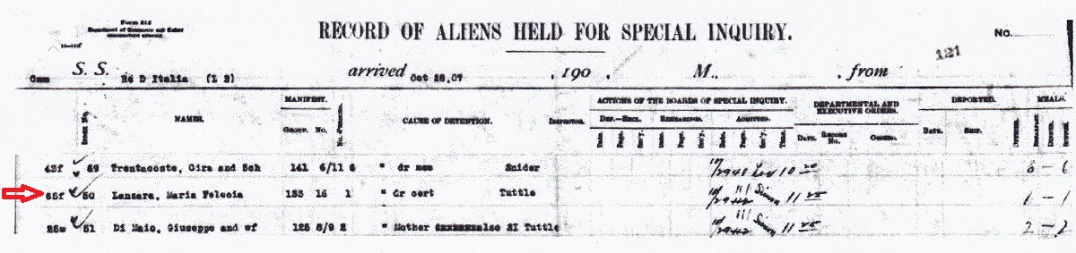 Maria Felicia Lanzara Immigration Record