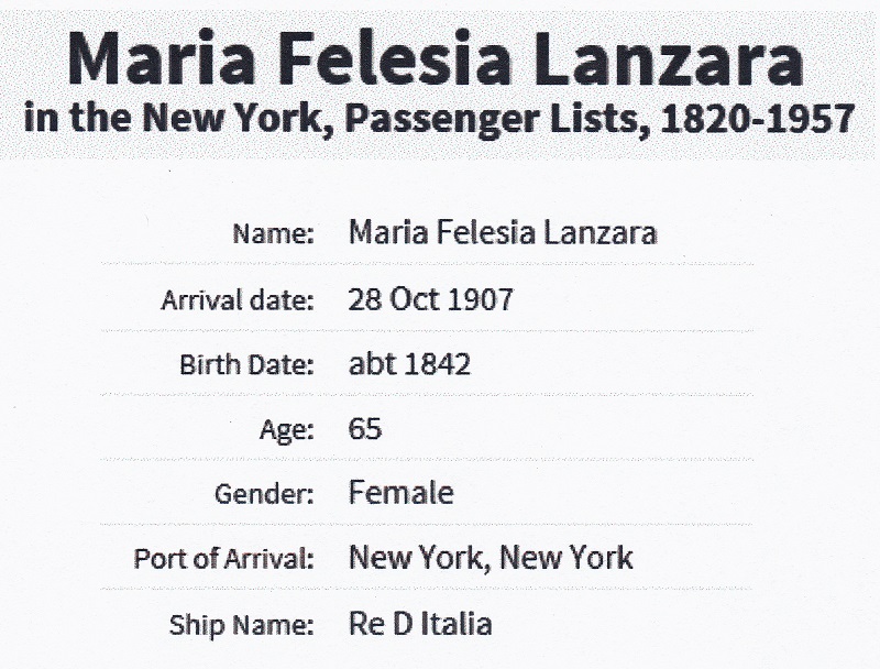 Maria Felicia Lanzara Immigration Record