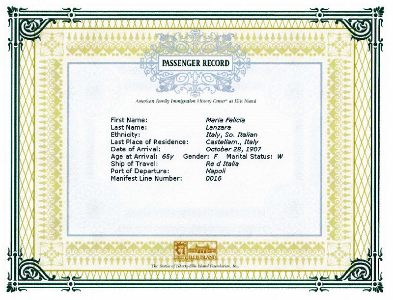 Maria Felicia Lanzara Immigration Record