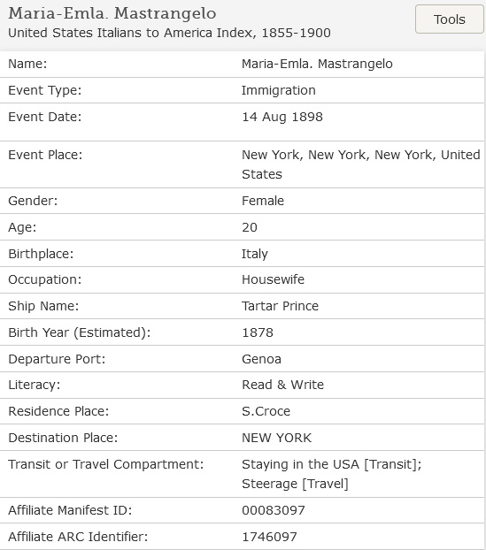 Immigration Record for Maria Mastrangelo Augenti