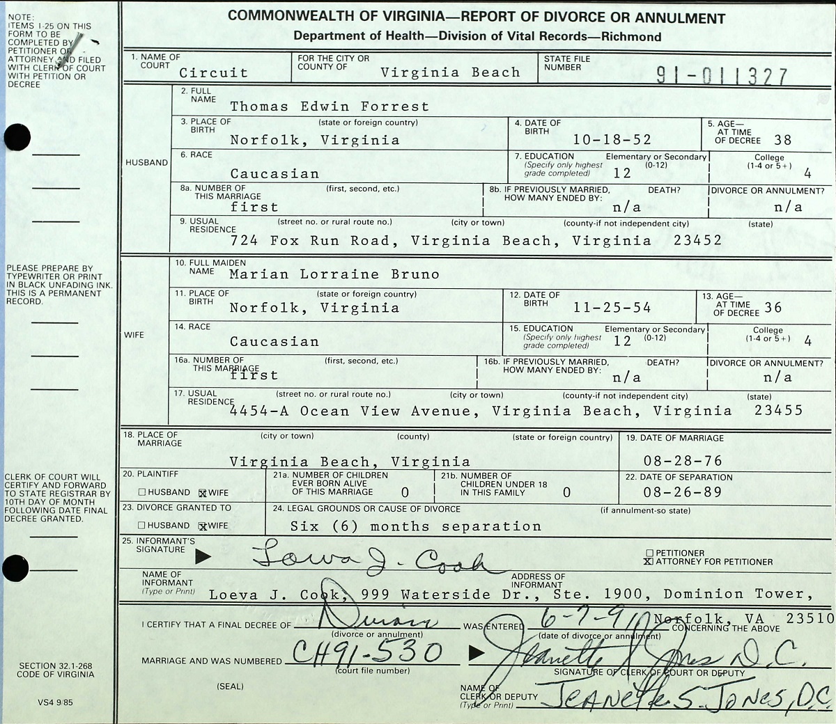 Marian Lorraine Bruno and Thomas Edwin Forrest Divorce