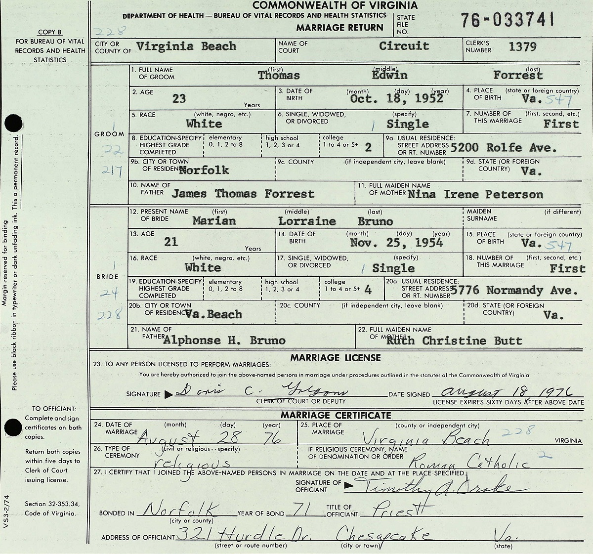Marian Lorraine Bruno and Thomas Edwin Forrest Marriage Certificate