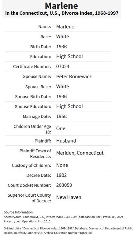 Marlene DeMartino Boniewicz Chambers Marriage and Divorce