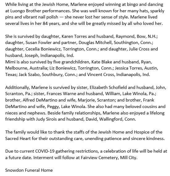 Marlene DeMartino Boniewicz Chambers Obituary