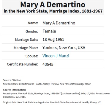 Mary Ann DeMartino and Vincent Manzi Marriage Record