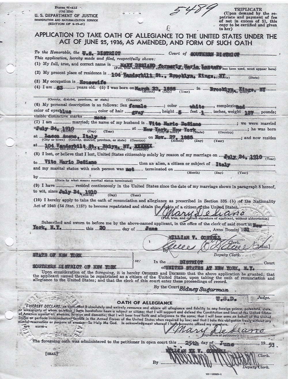 Mary (Lanzaro) Desiano Repatriation Record