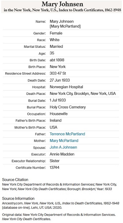 Mae McPartland Death Index