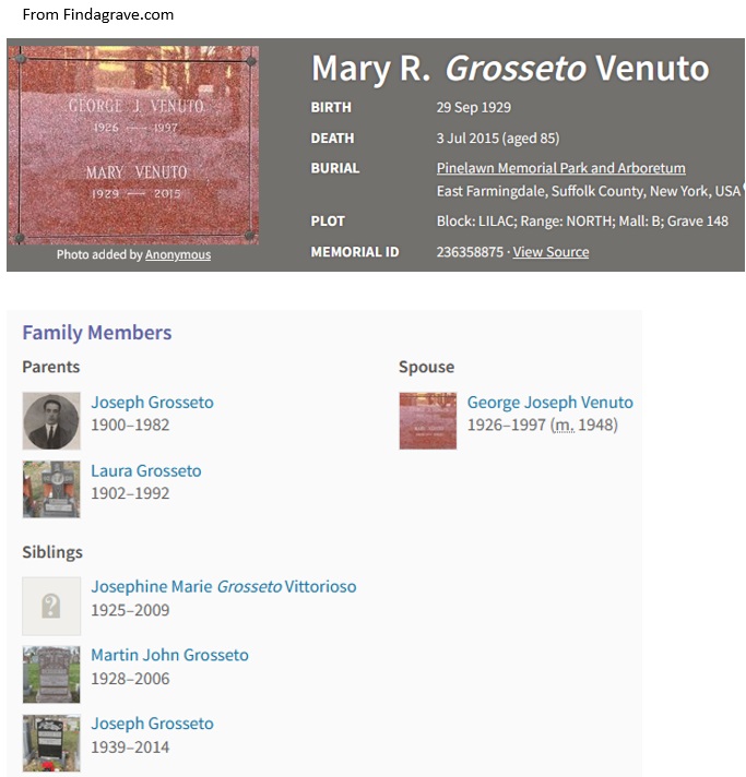 Mary Grosseto Venuto Cemetery Record