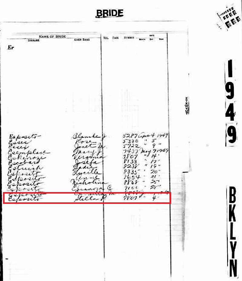 Charles A. Mastellone Jr. and Stella Esposito Marriage Index