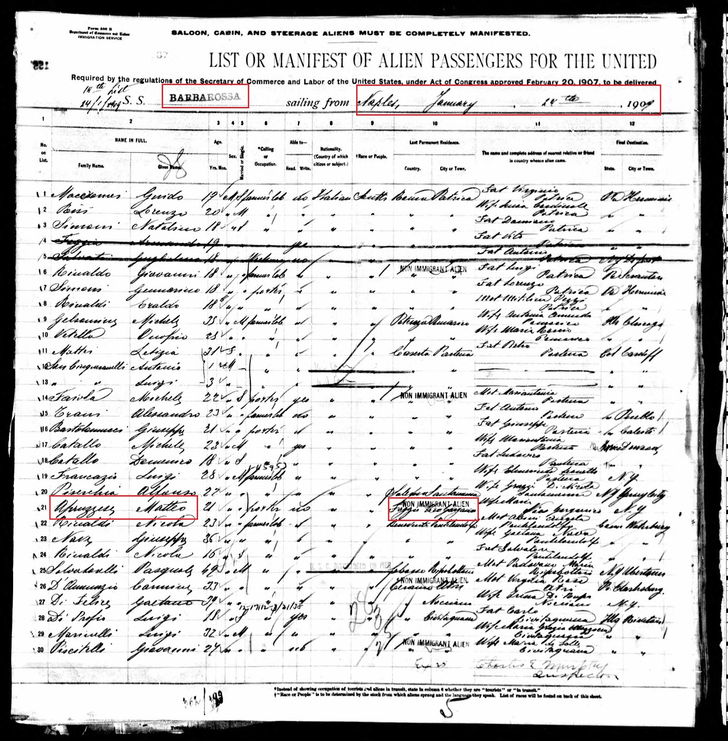 Matteo Abruzzese Immigration Record