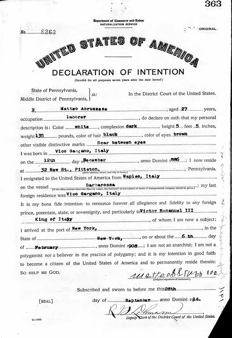 Matteo Abruzzese Naturalization Record